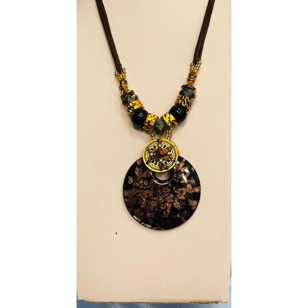 Black/Shiny Brown Flecks Round Pendant with Gold Tone Rhinestone Clasp Necklace
